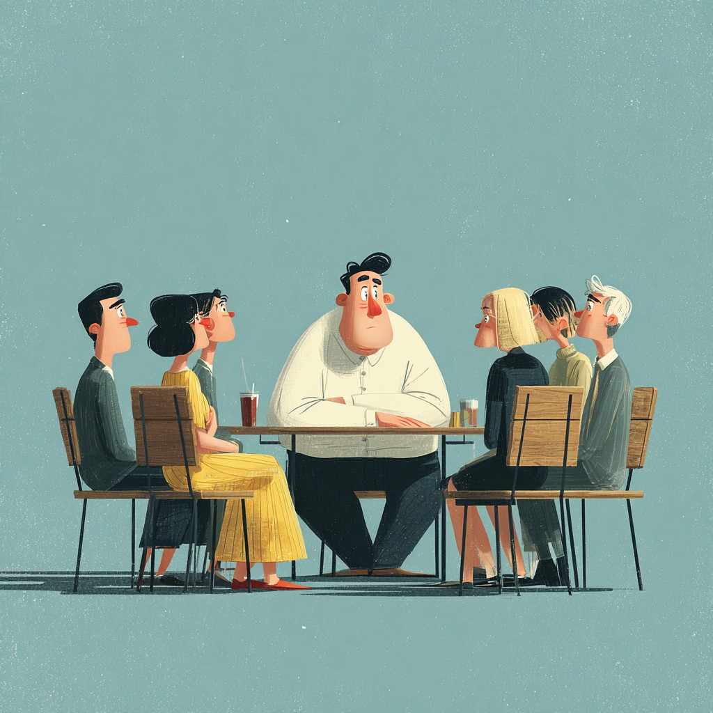 Ilustracja grupy osób siedzących przy wspólnym stole, w której jedna osoba wygląda na wycofaną i niekomfortowo czującą się w sytuacji społecznej.