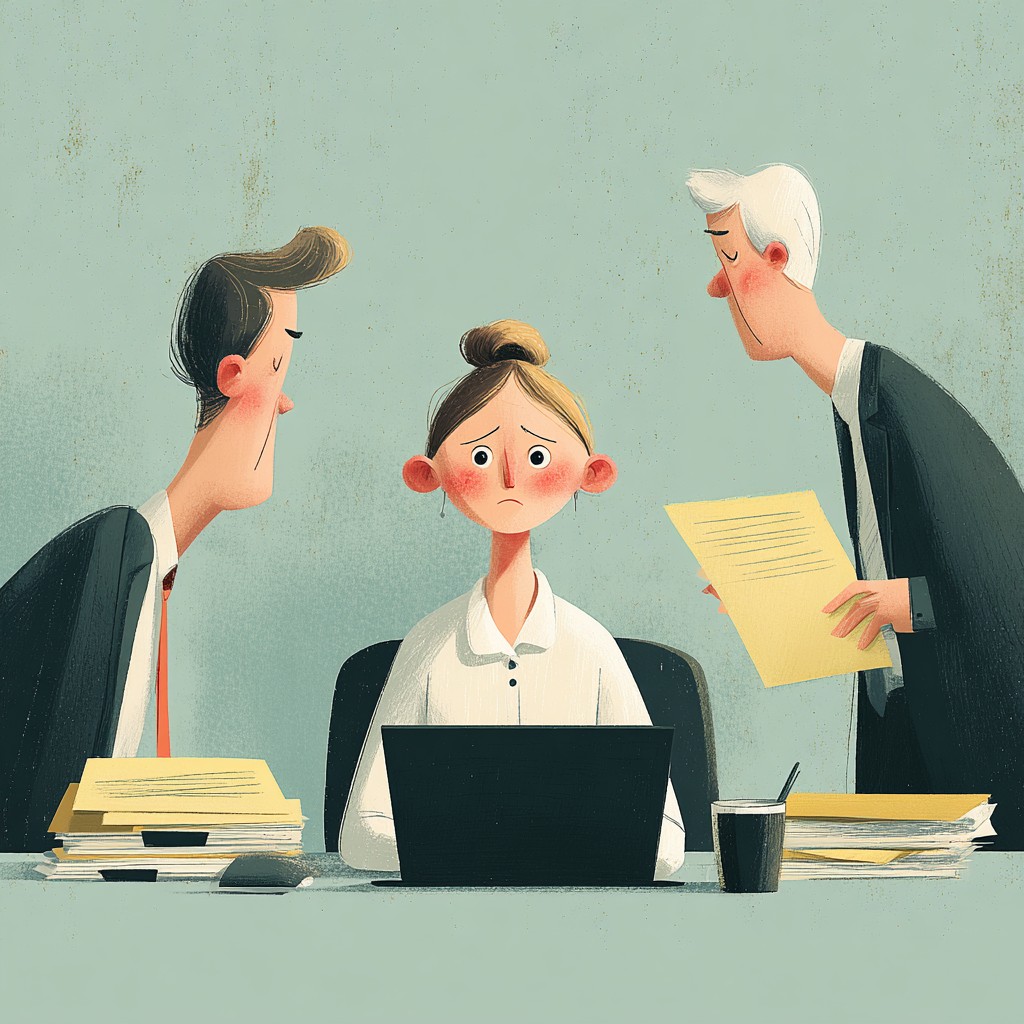 Ilustracja osoby siedzącej przy laptopie i wyglądającej na przytłoczoną oraz niedocenianą w pracy zespołowej.