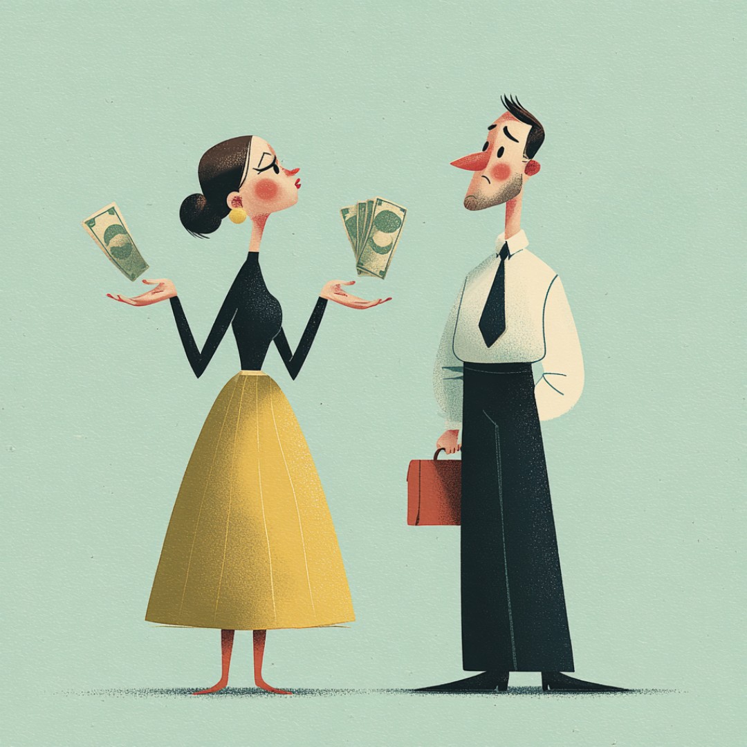 Ilustracja rozmowy w pracy dotyczącej pieniędzy i napięcia związanego z priorytetami finansowymi.