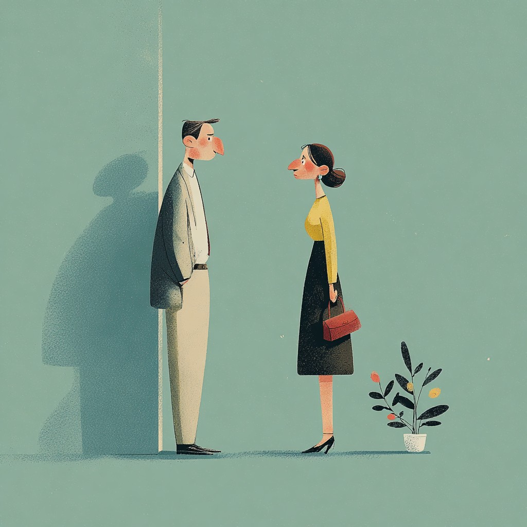 Ilustracja rozmowy dwóch osób, podczas której jedna z nich unika kontaktu emocjonalnego i mimiki.