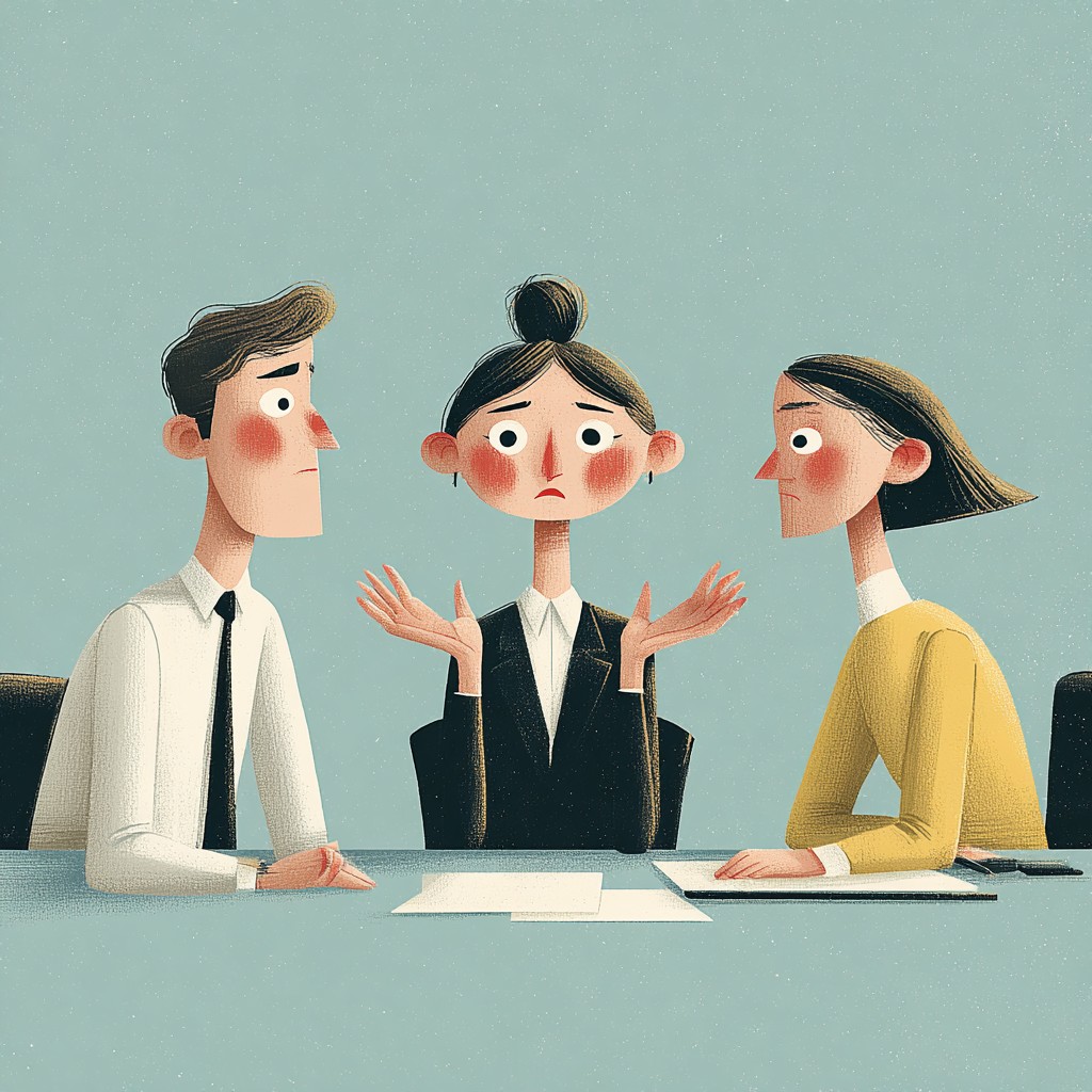 Ilustracja osoby wyglądającej na zagubioną i przeciążoną różnymi oczekiwaniami współpracowników.