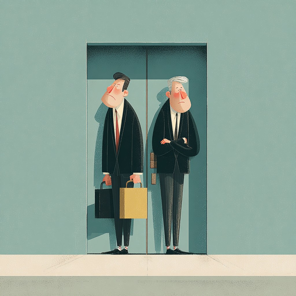 Ilustracja dwóch osób stojących przy windzie i wyglądających na smutne oraz wycofane po zakończeniu pracy.