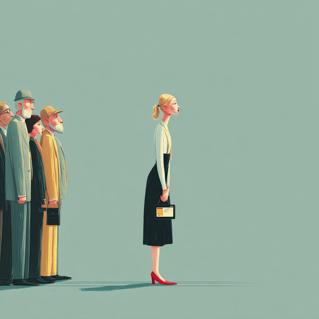 Ilustracja osoby stojącej obok współpracowników i wyglądającej na niepewną siebie oraz wycofaną.
