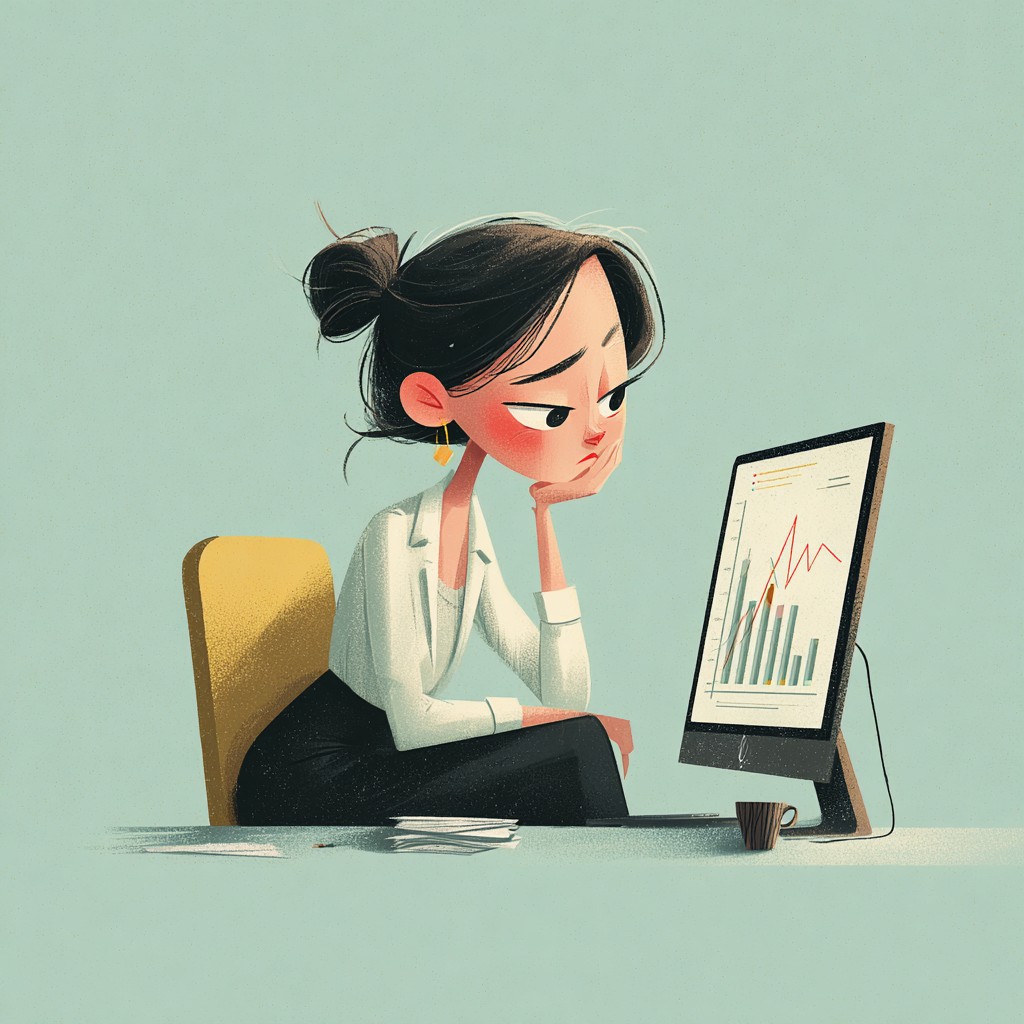 Ilustracja osoby analizującej dane na laptopie i wyglądającej na przeciążoną oraz zakłopotaną.