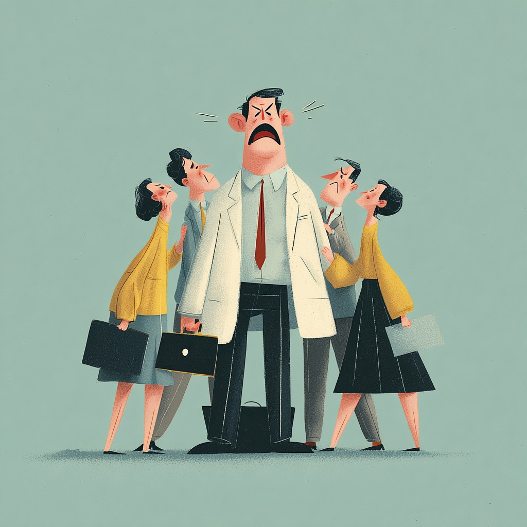 Ilustracja osoby otoczonej przez współpracowników i mającej trudność z wyznaczaniem granic w pracy.