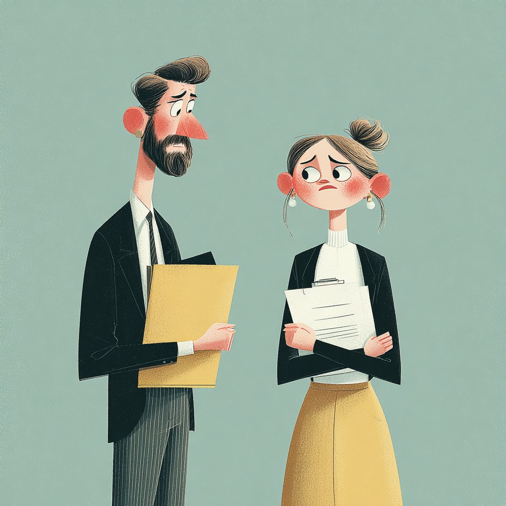 Ilustracja rozmowy w pracy, podczas której jedna z osób wygląda na niezrozumianą i zasmuconą.